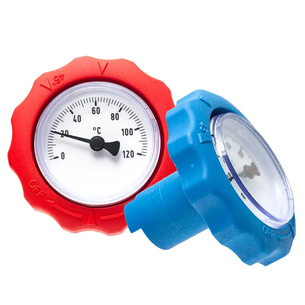 Ersatz-Thermometer mit rot-blauem Gehäuse, skaliert in Celsius, für ESBE Pumpengruppen, zeigt Temperaturen von 0 bis 120 Grad an.